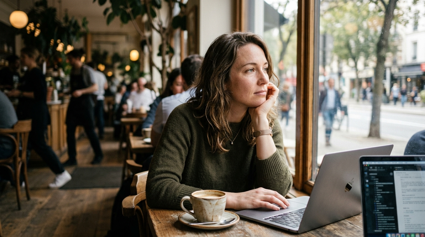 Professional woman experiencing subtle stress while working at a modern desk, illustrating high-functioning anxiety signs.