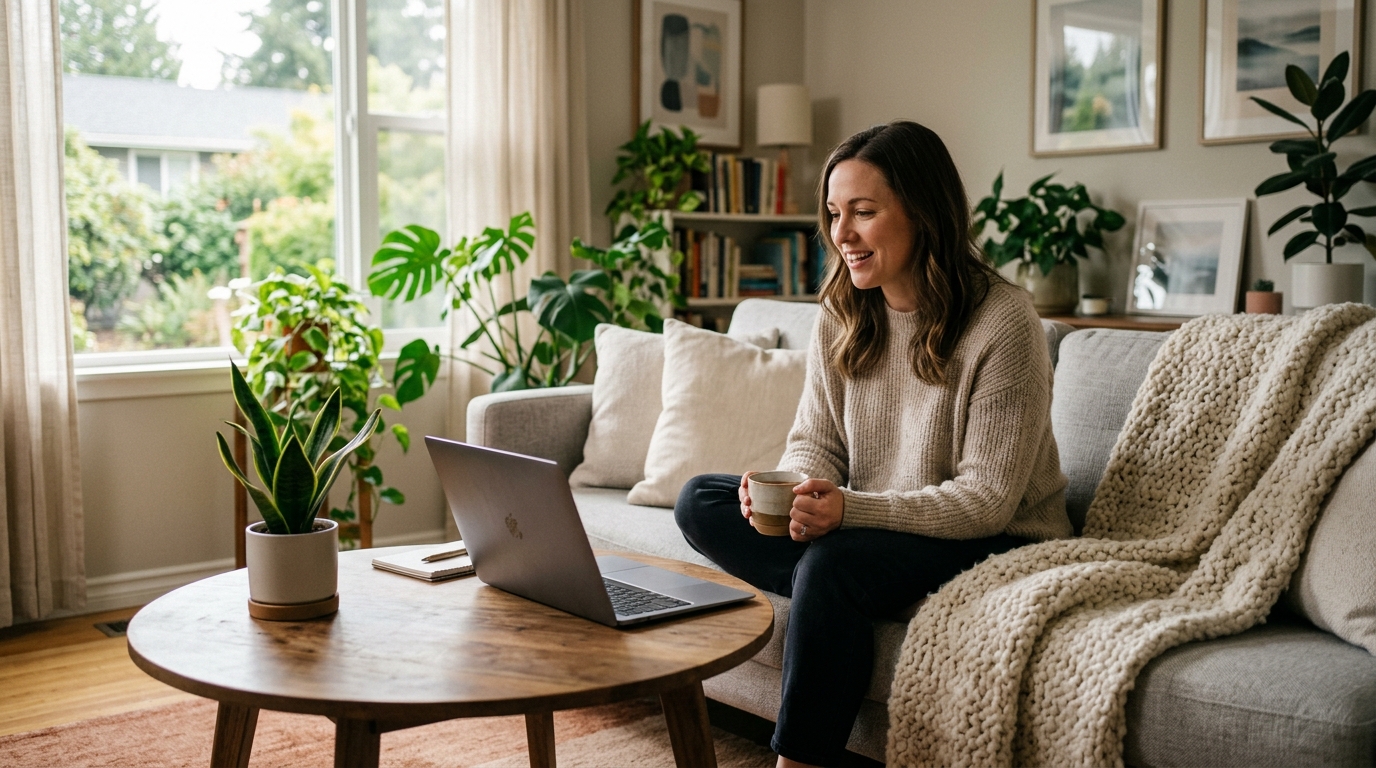 Person connecting with a licensed therapist via secure video consultation on a laptop.